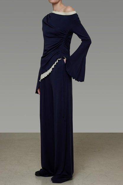 Autumn Slanted Shoulder Knit Slacks Set-Up