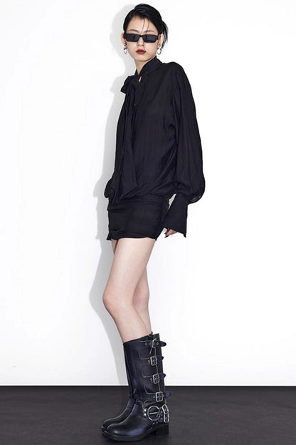 Streamer Black Drape Shirt Dress