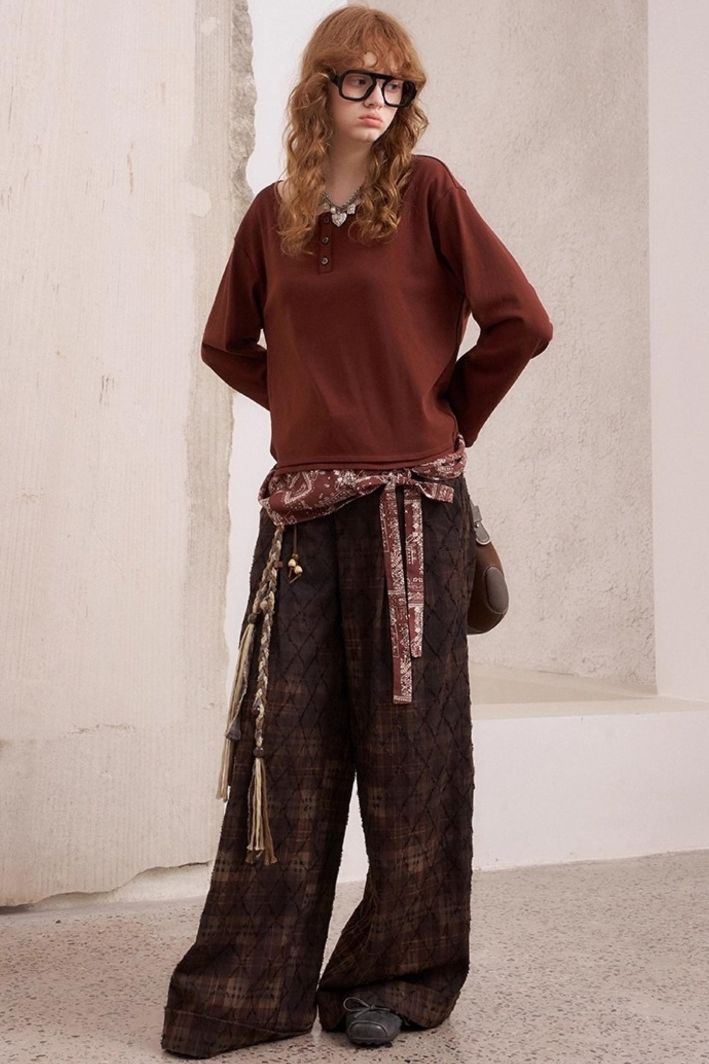 Textured Loose Plaid Trousers