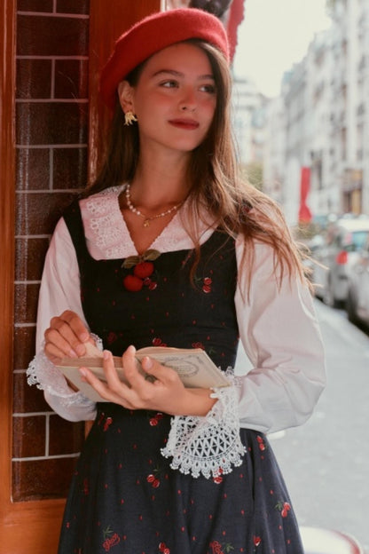 Cherry Lace Embroidered Denim Dress Set-Up