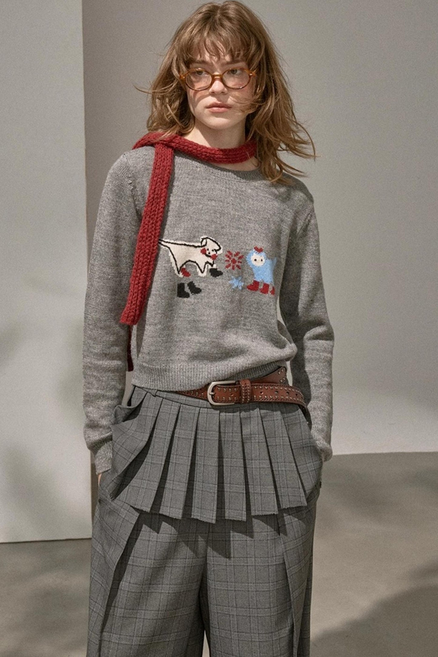 Kitten And Puppy Embroidered Wool Blend Knit Sweater