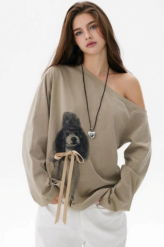 Khaki Bow knot Off-Shoulder T-Shirt