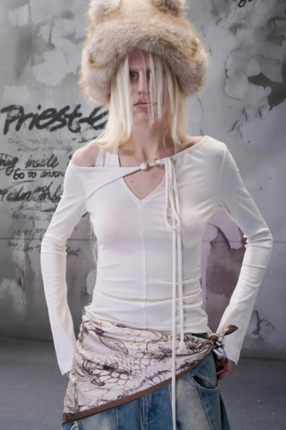 Off-The-Shoulder Beaded Lace-Up Base Top