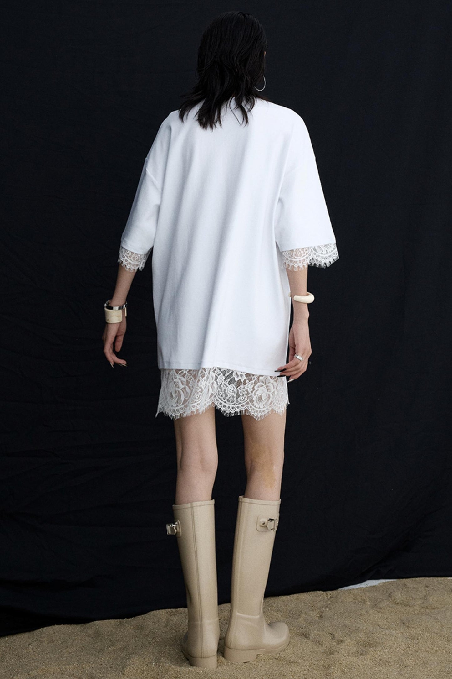 Patchwork Lace Crew Neck Long Top