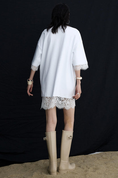 Patchwork Lace Crew Neck Long Top