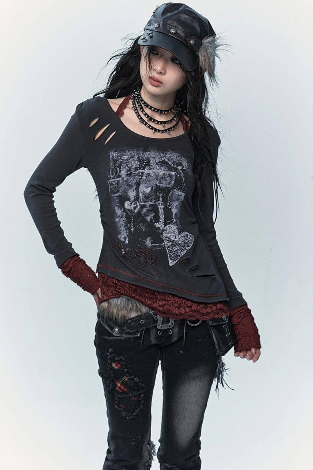 Punk Lace Print Round Neck Top