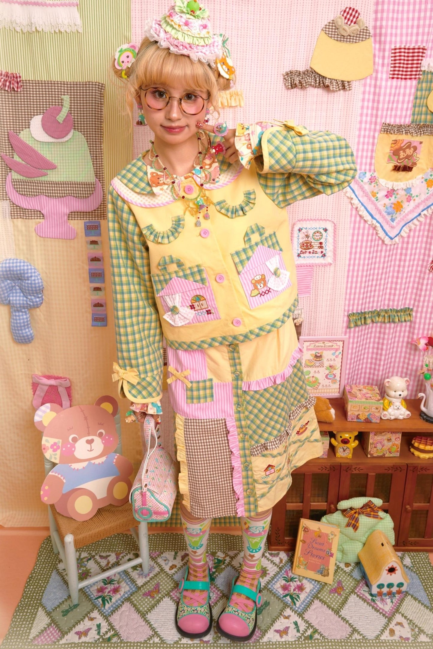 Patchwork Plaid Embroidered Top & Skirt Set-Up