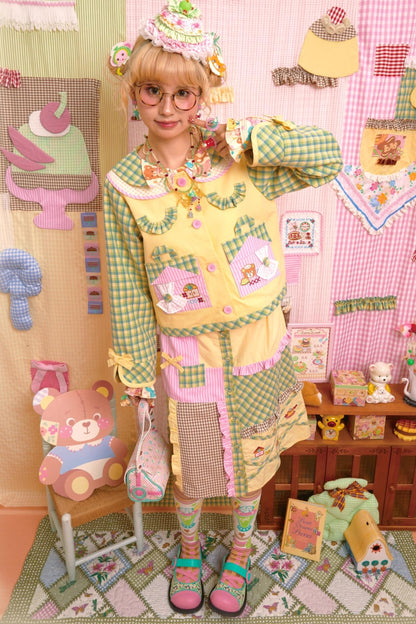 Patchwork Plaid Embroidered Top & Skirt Set-Up