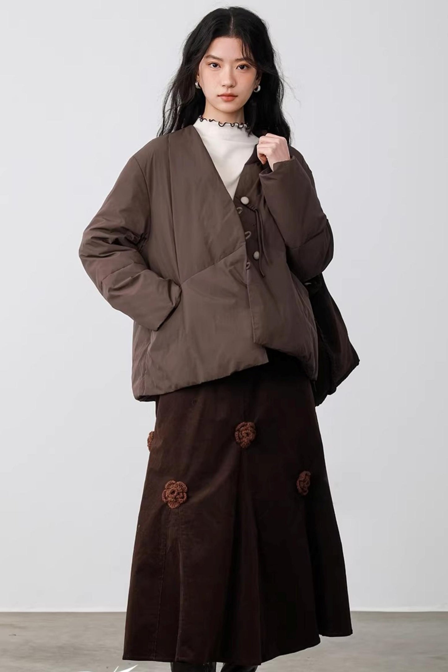 Three-Dimensional Floral Corduroy Skirt