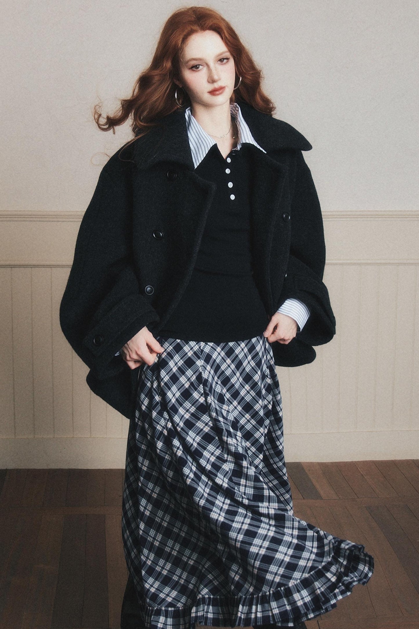 Navy Blue Check A-Line Swing Skirt