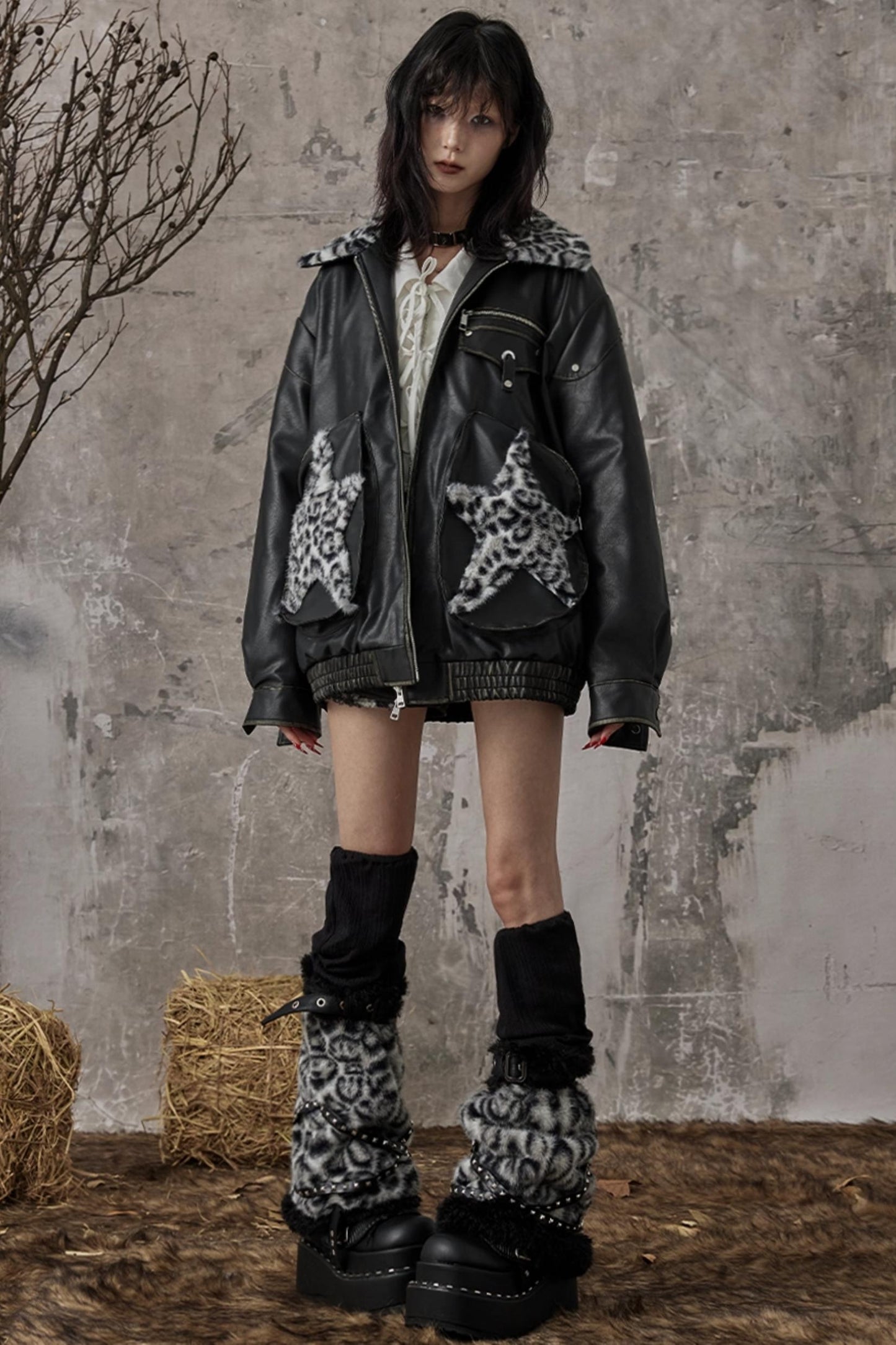 Star Leopard Print Vintage Leather Jacket