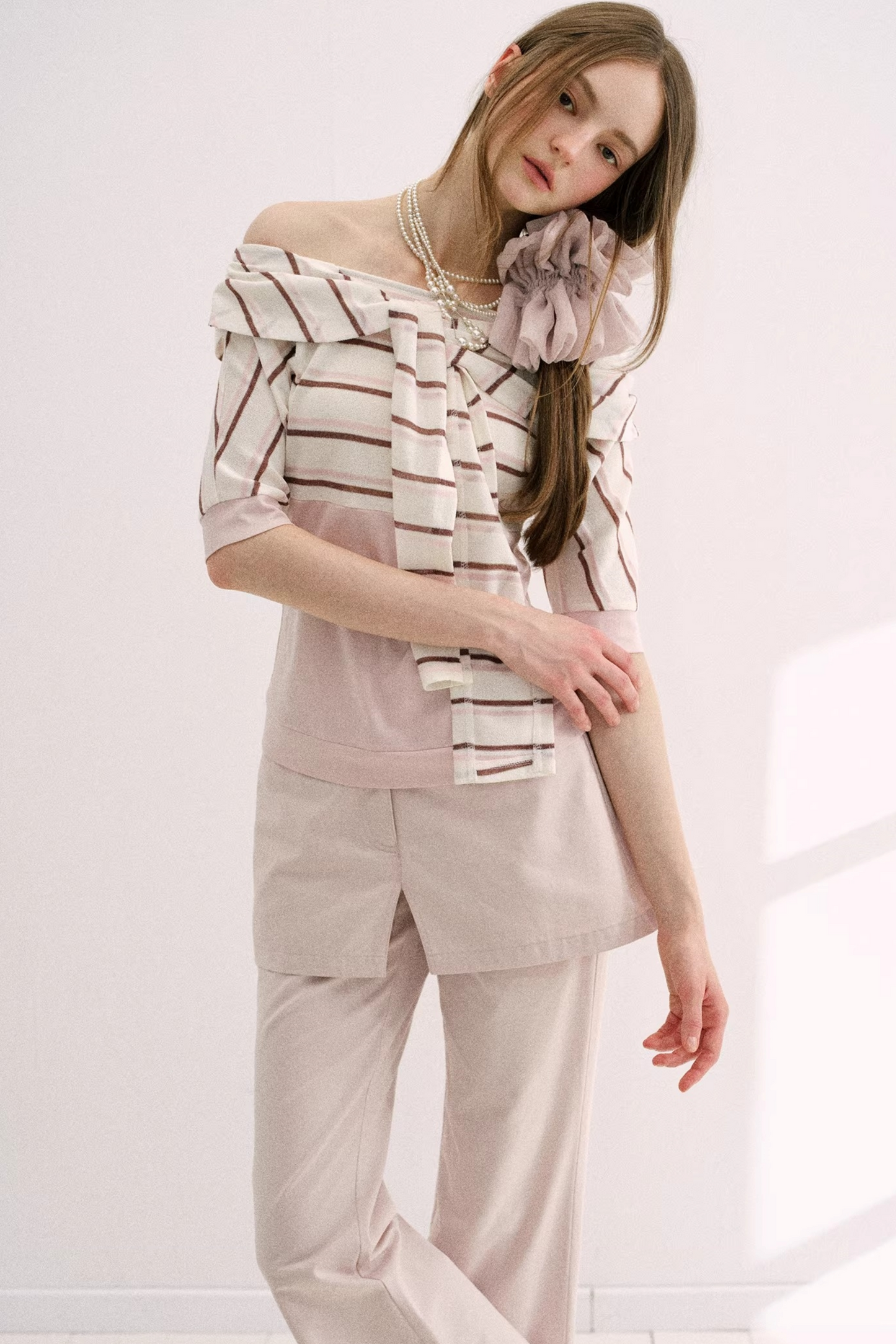 Cherry Blossom Striped Tie-Neck Top