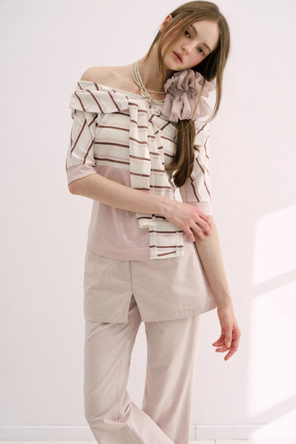 Cherry Blossom Striped Tie-Neck Top