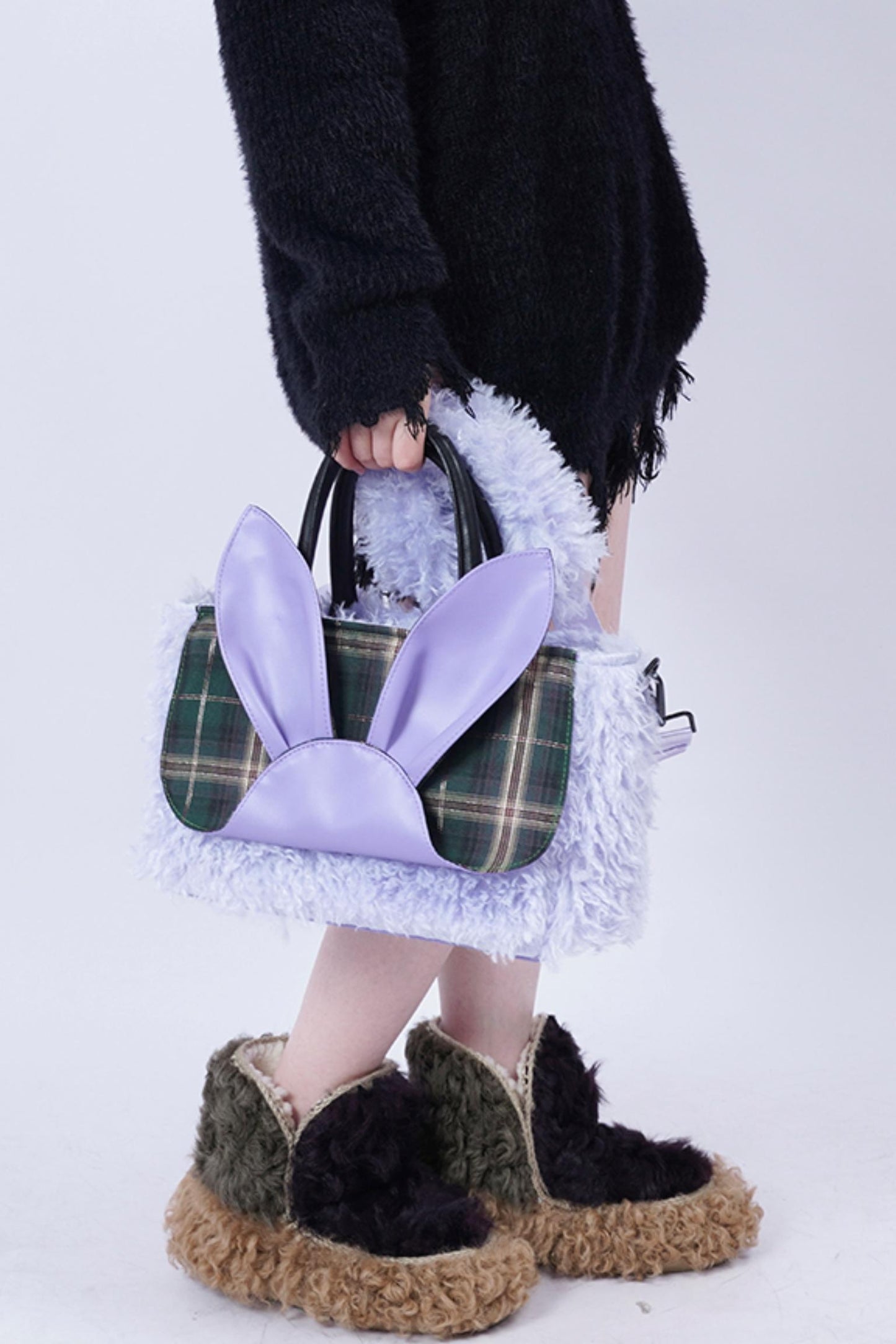 Plaid Rabbit Fur Tote Bag