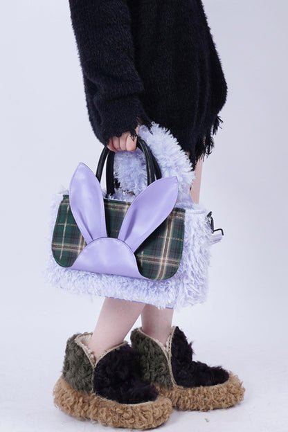 Plaid Rabbit Fur Tote Bag