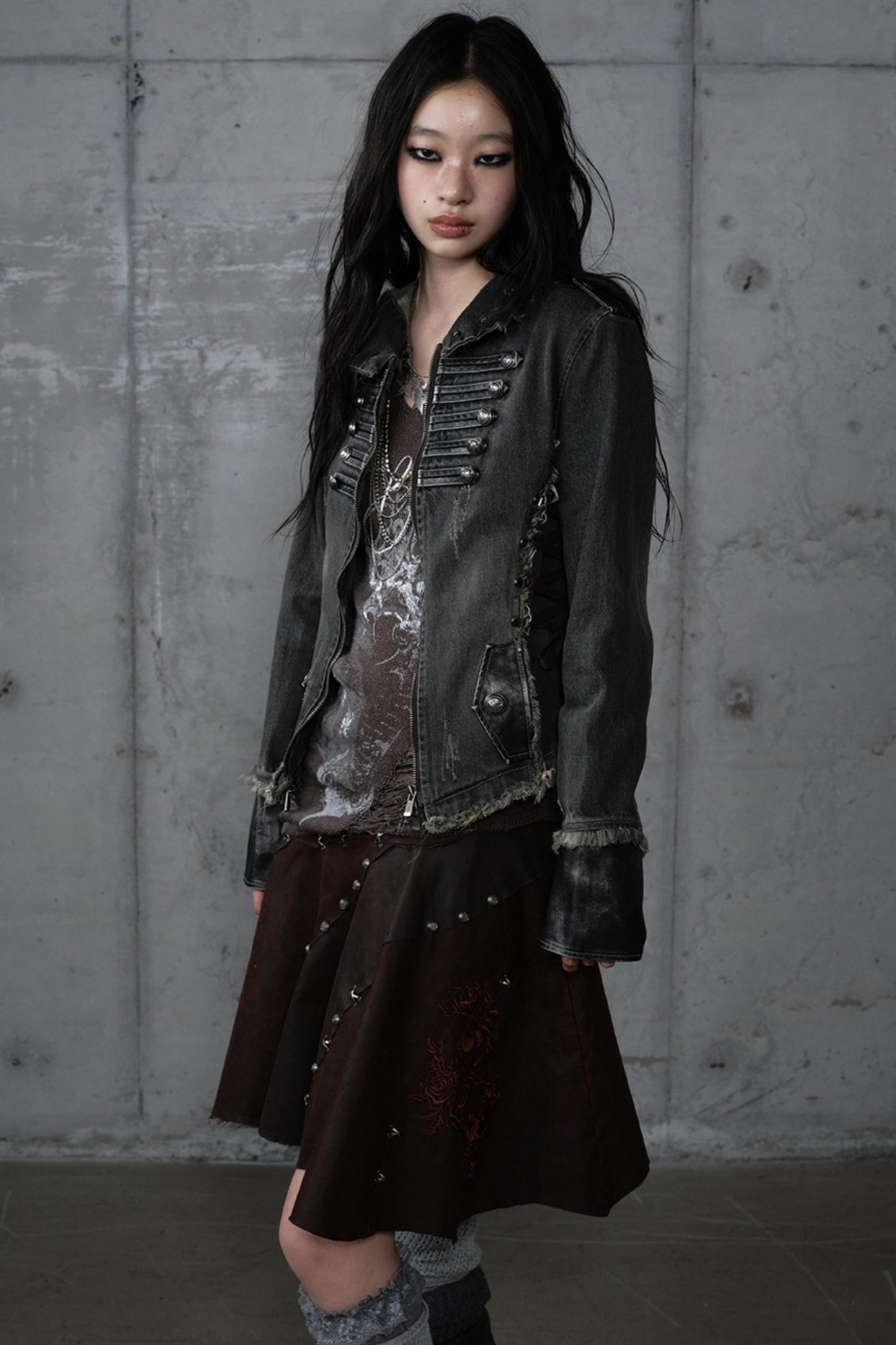 Distressed Denim Slim Fit Hooded Coat