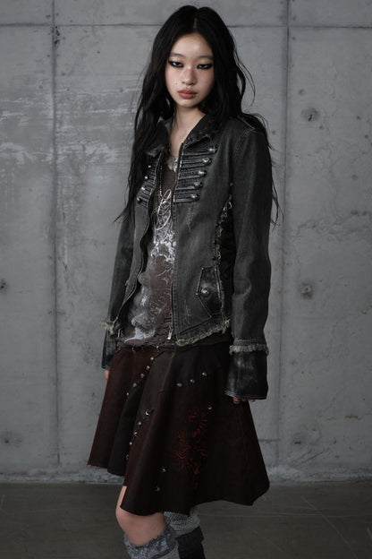 Distressed Denim Slim Fit Hooded Coat