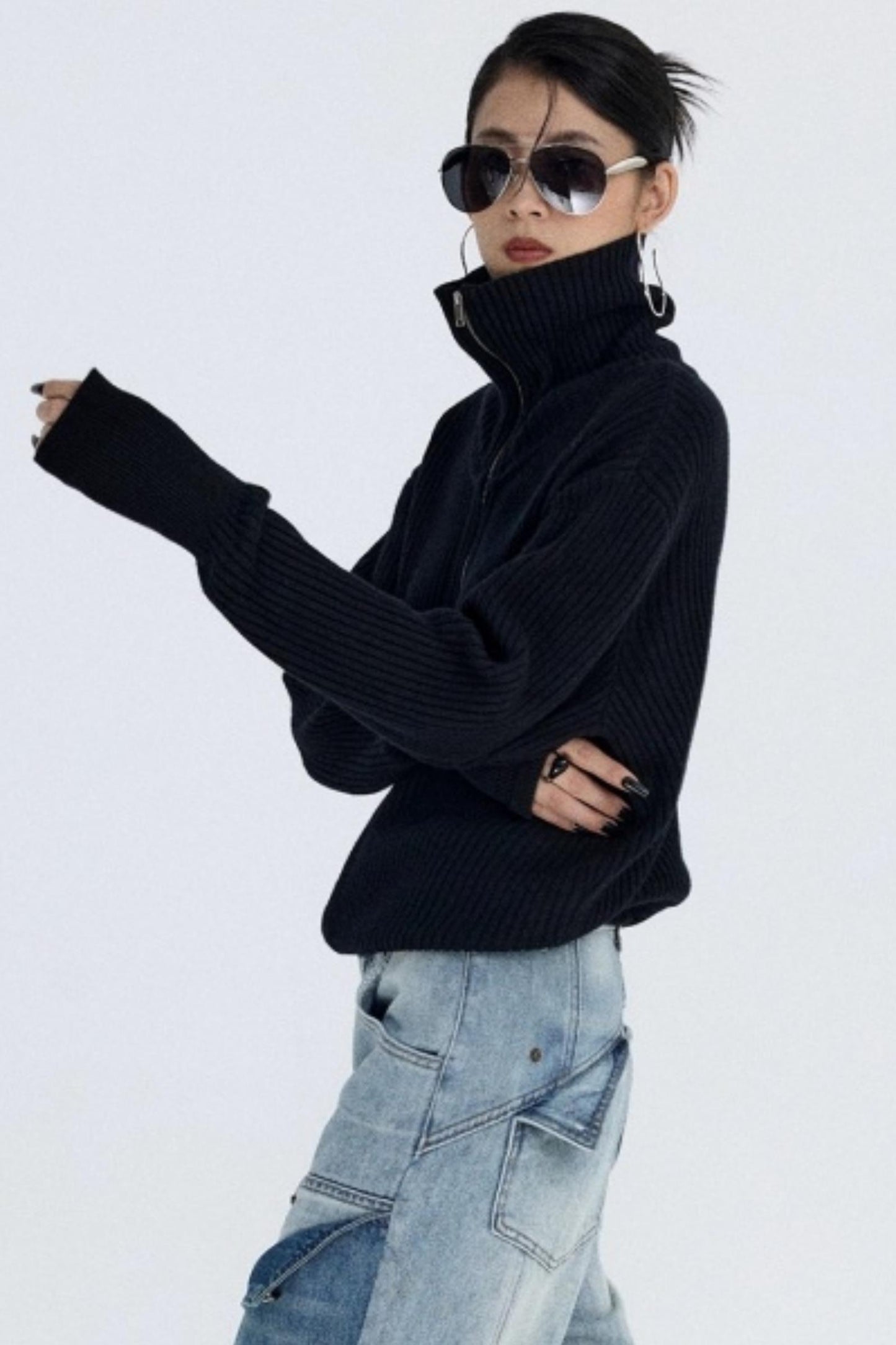 Slim Fit High-Neck Knit Cardigan