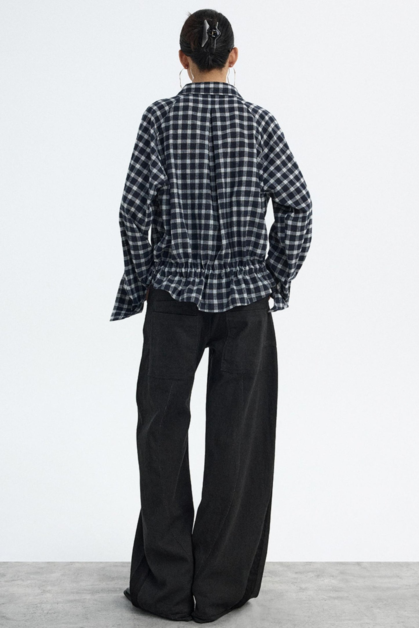 Navy Plaid Drawstring Top