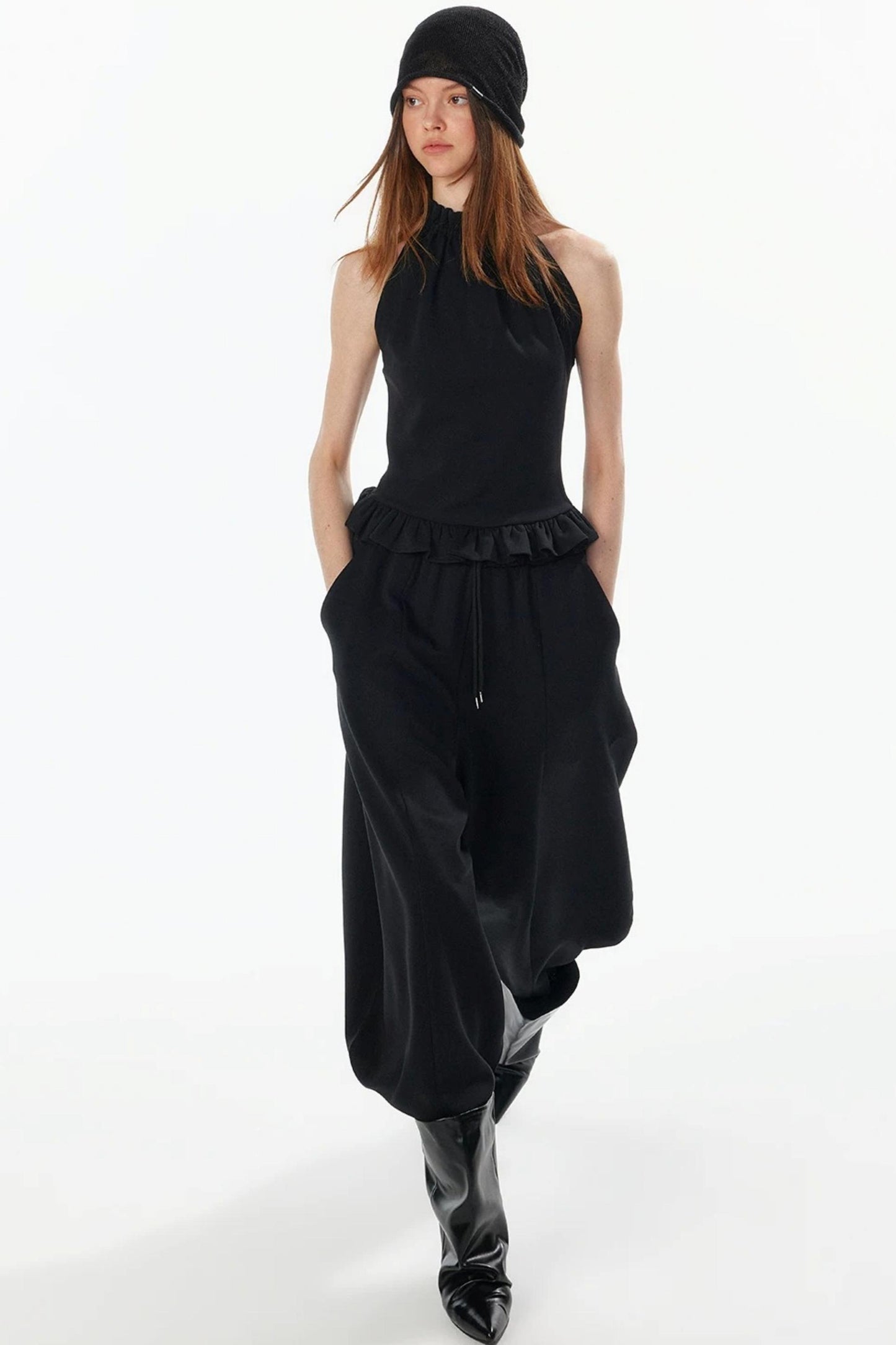 Ruffle Hem Halter Backless Top