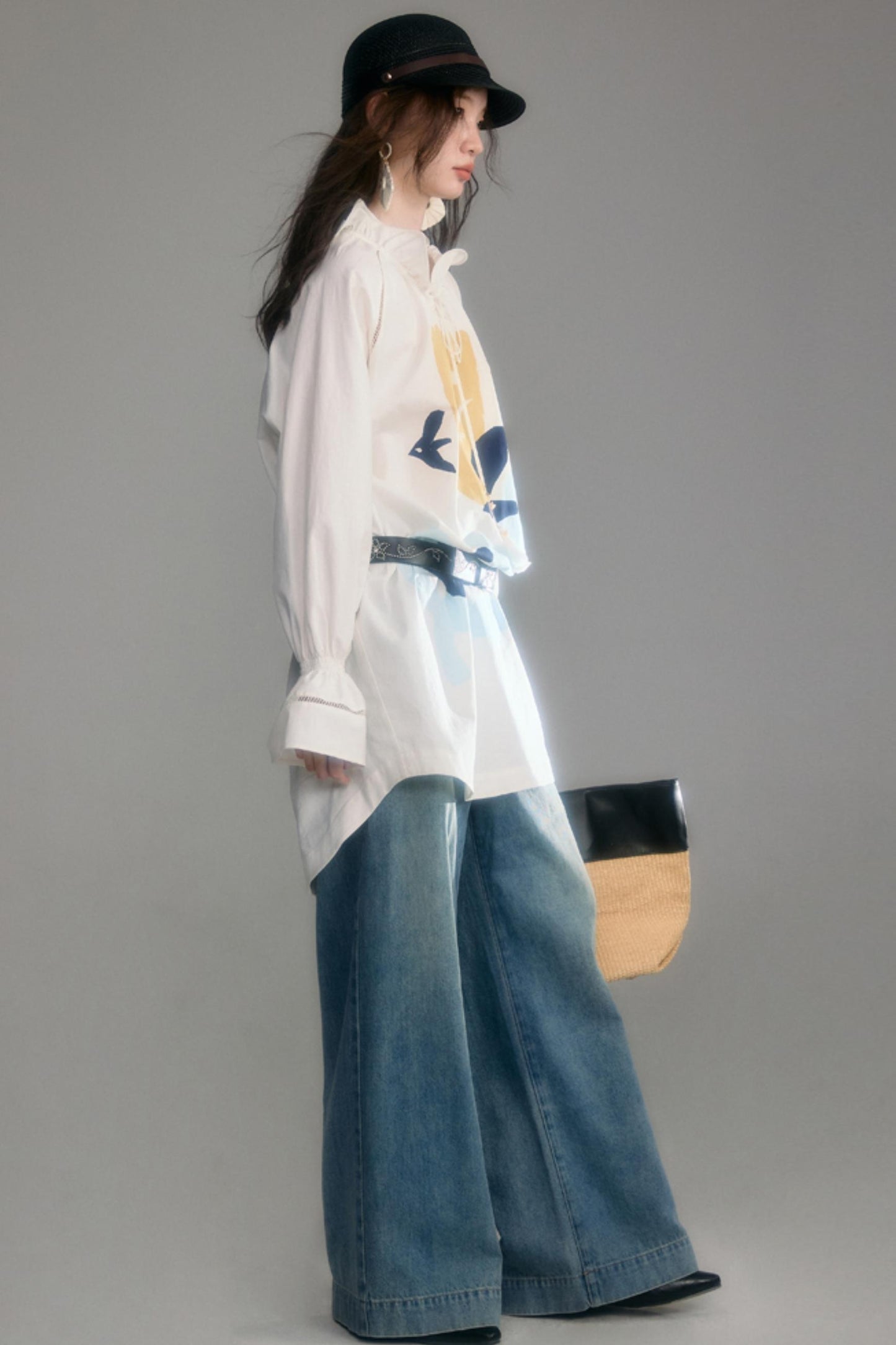 Tulip Bird Print Wood Ear Collar Long Top