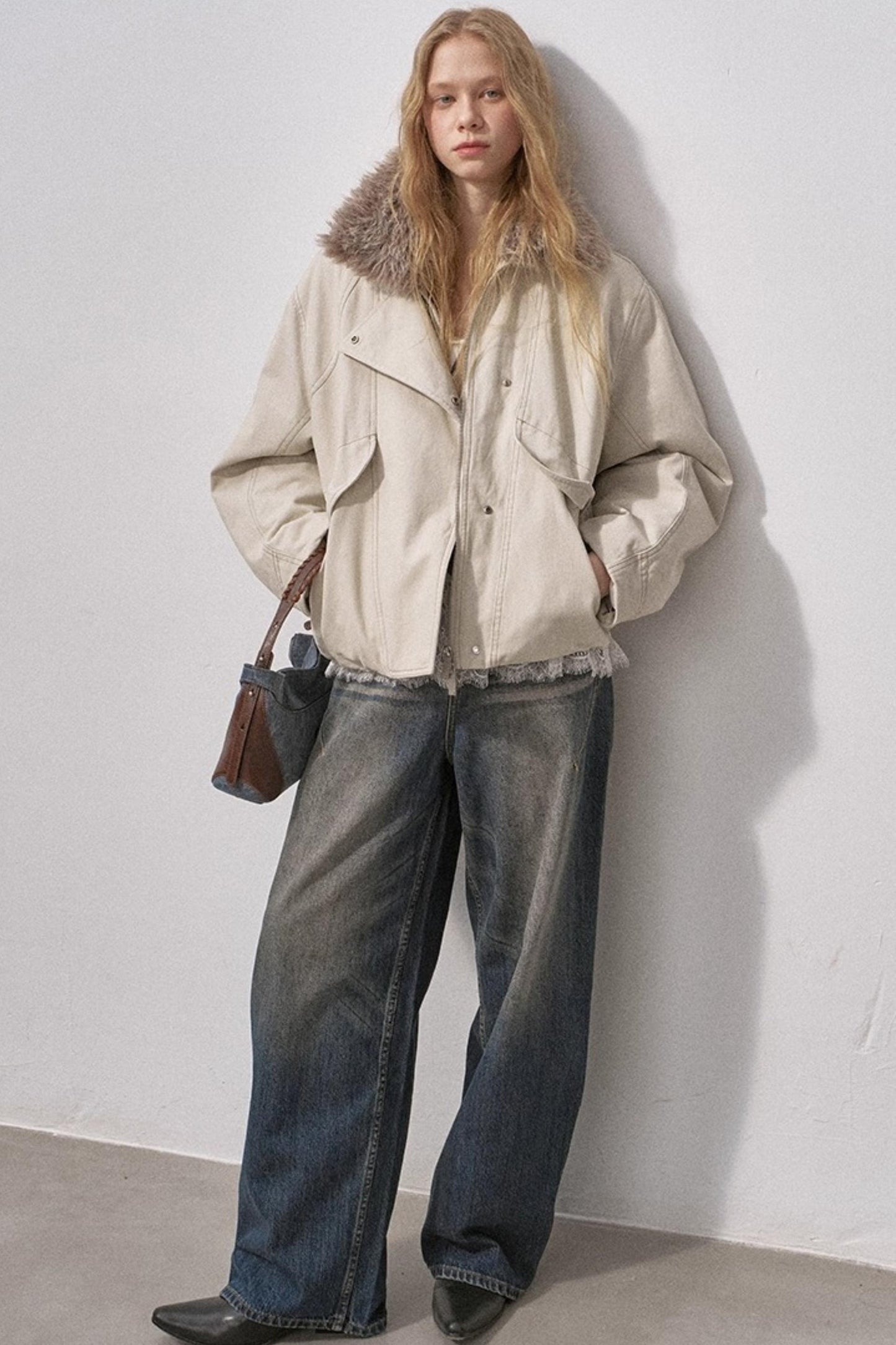 Curved Sleeve Fur Collar Jacket