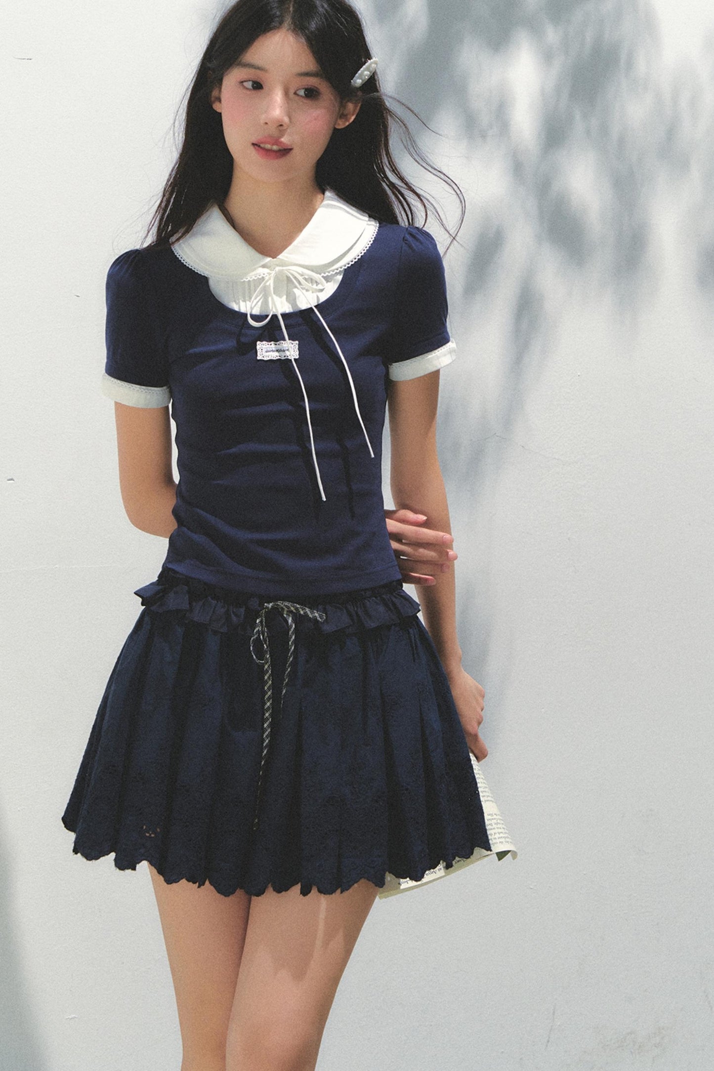 Navy Pleated Embroidered Skirt