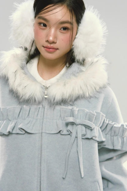 Lace Hooded Cotton Tweed Zip Jacket