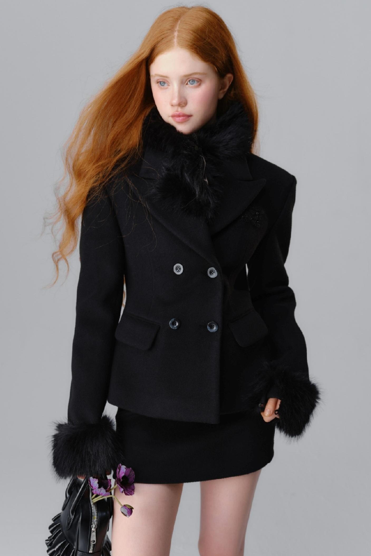 Fur Collar Blazer & Skirt Set-Up