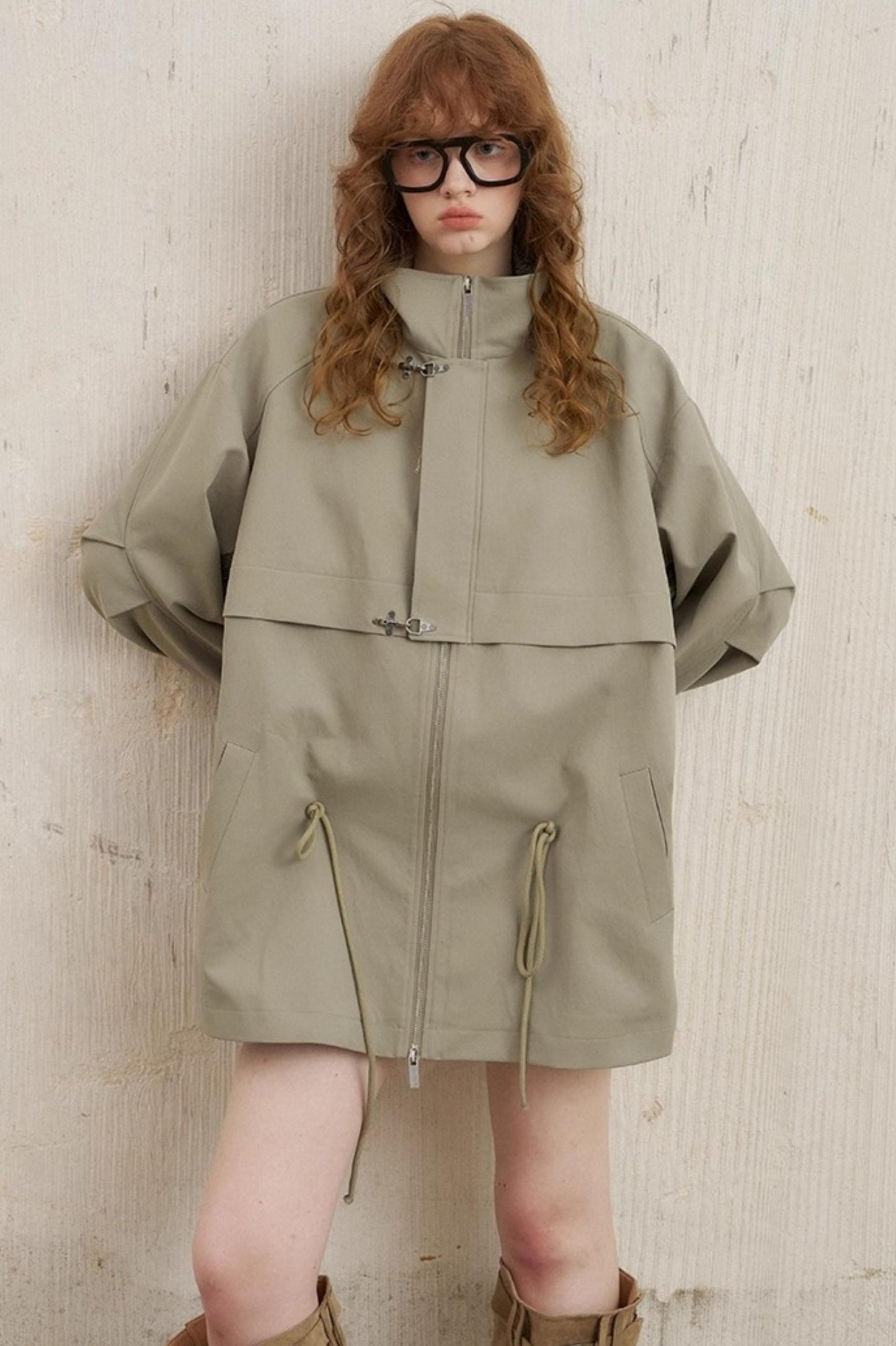 Contrast Windproof Drawstring Midi Trench Coat