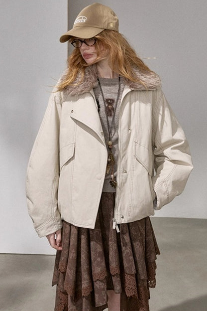 Curved Sleeve Fur Collar Jacket