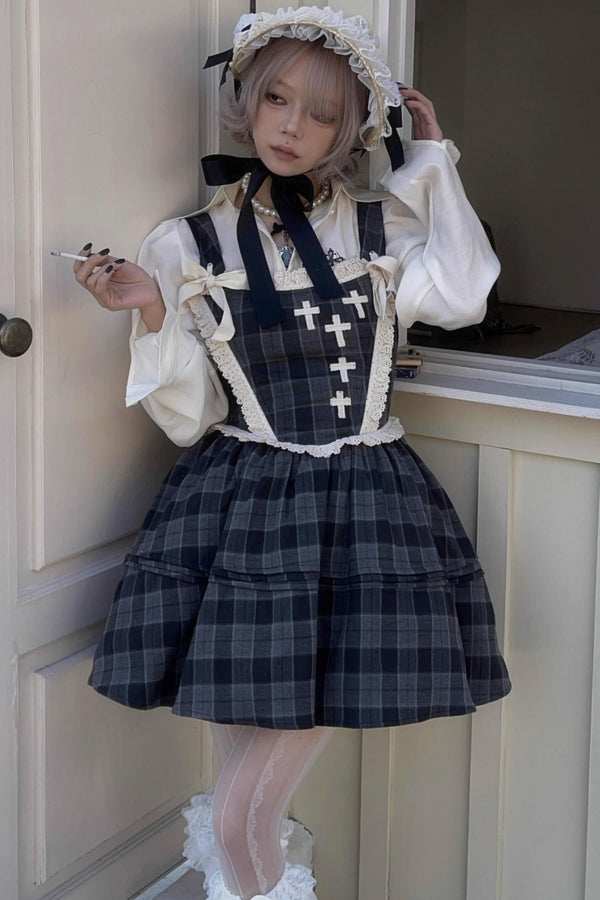 Gray Plaid Waist Cinched Herringbone Lace Bow Tie Dress Set-Up