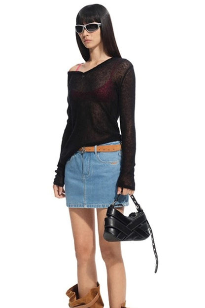 Alpaca Knit Layered V-Neck Long Sleeve Top