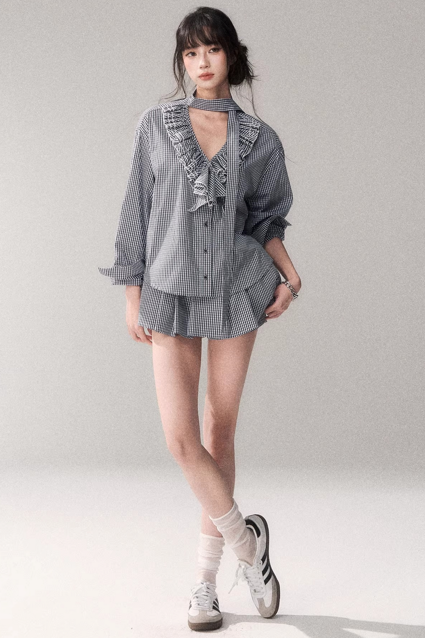 Blue Check Lace Blouse Set-Up