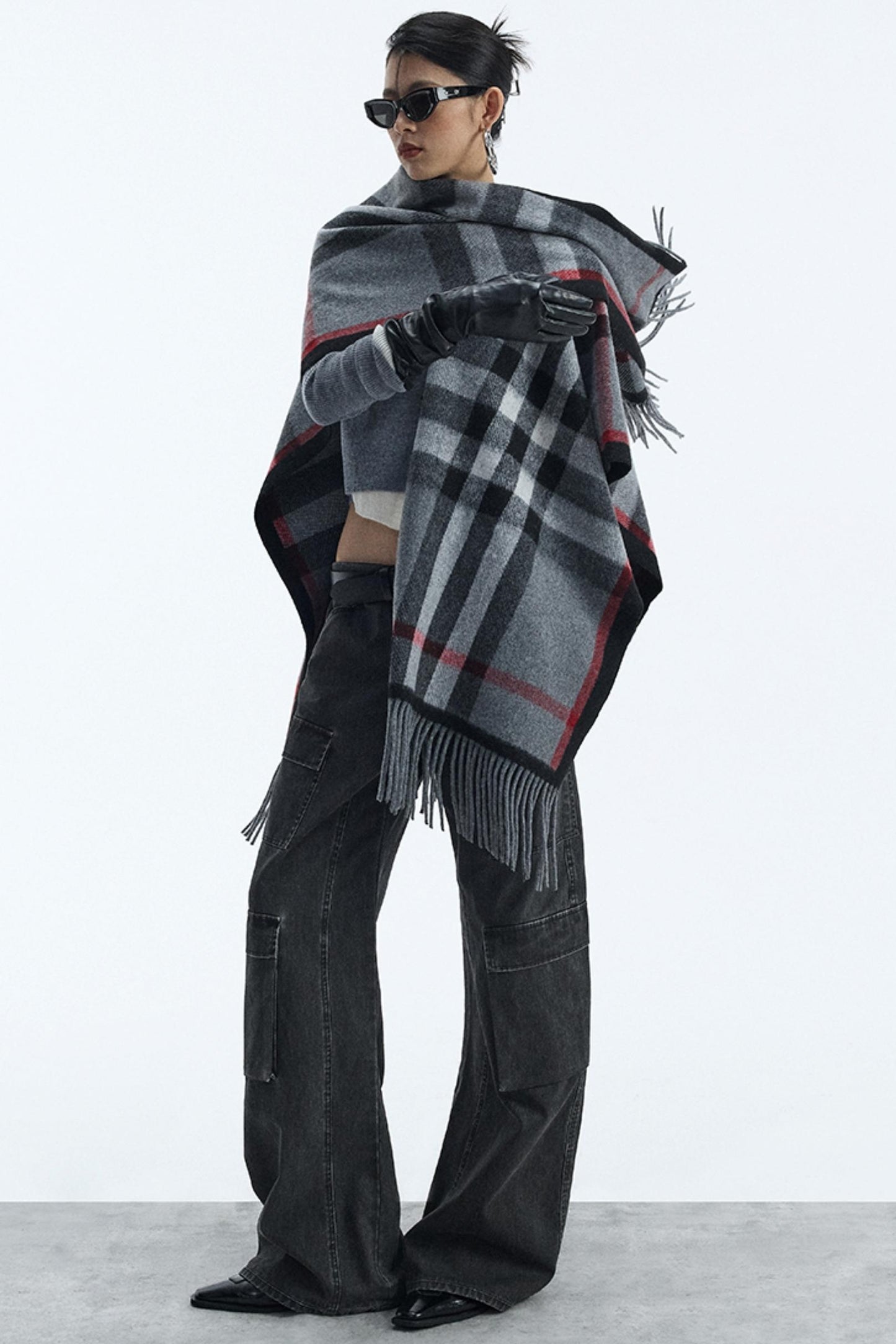 Wool Blend Plaid Cape Cardigan