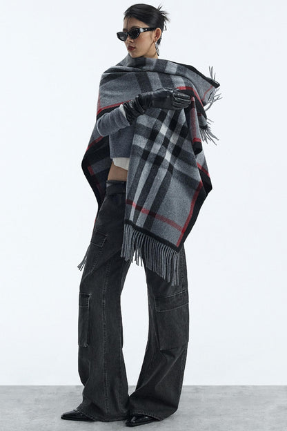 Wool Blend Plaid Cape Cardigan