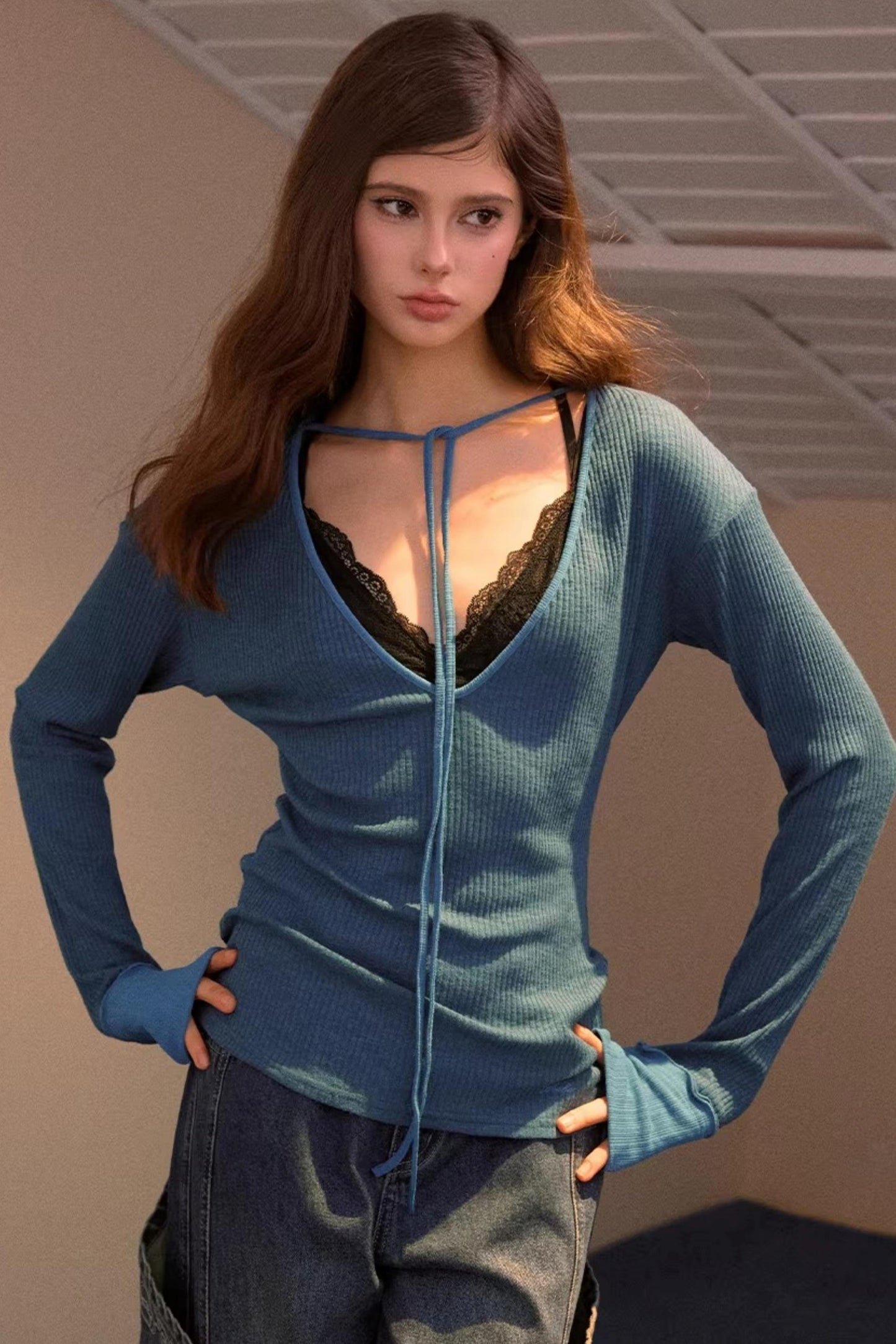 Sweet Tie V-Neck Blouse Top