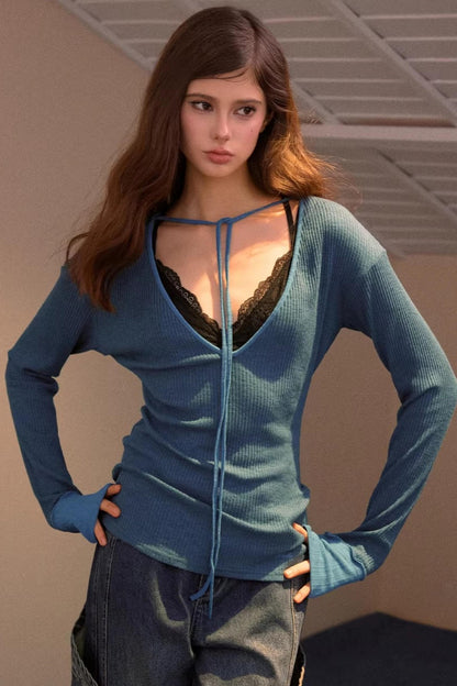 Sweet Tie V-Neck Blouse Top