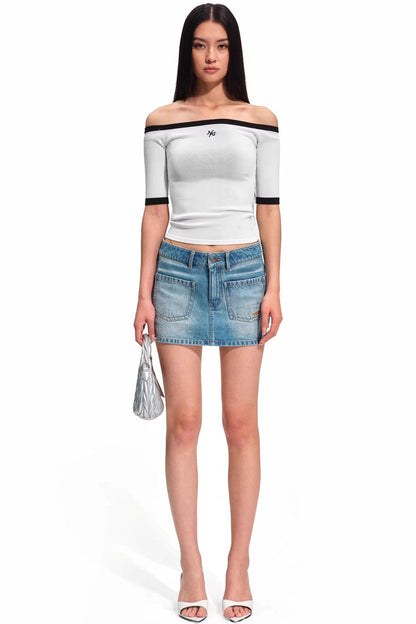 Off-Shoulder Contrast Knit Top