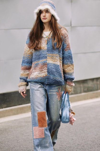 Blue Gradient Hooded Wool Cardigan