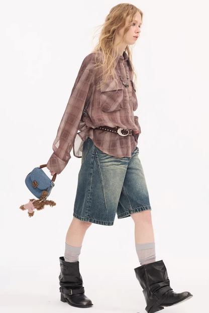 Plaid Lantern Sleeve Blouse