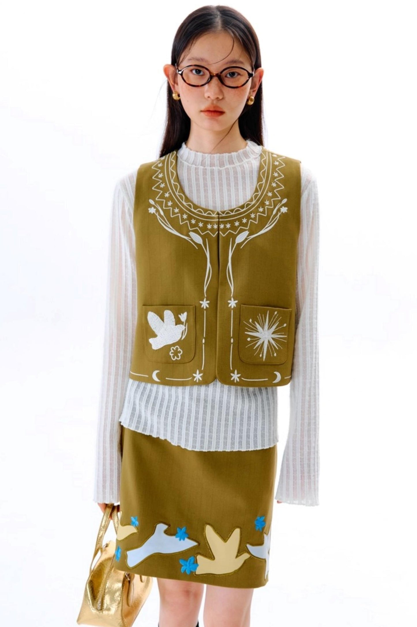 Bright Star Vintage Bird Embroidery Wool Jacket Set-Up