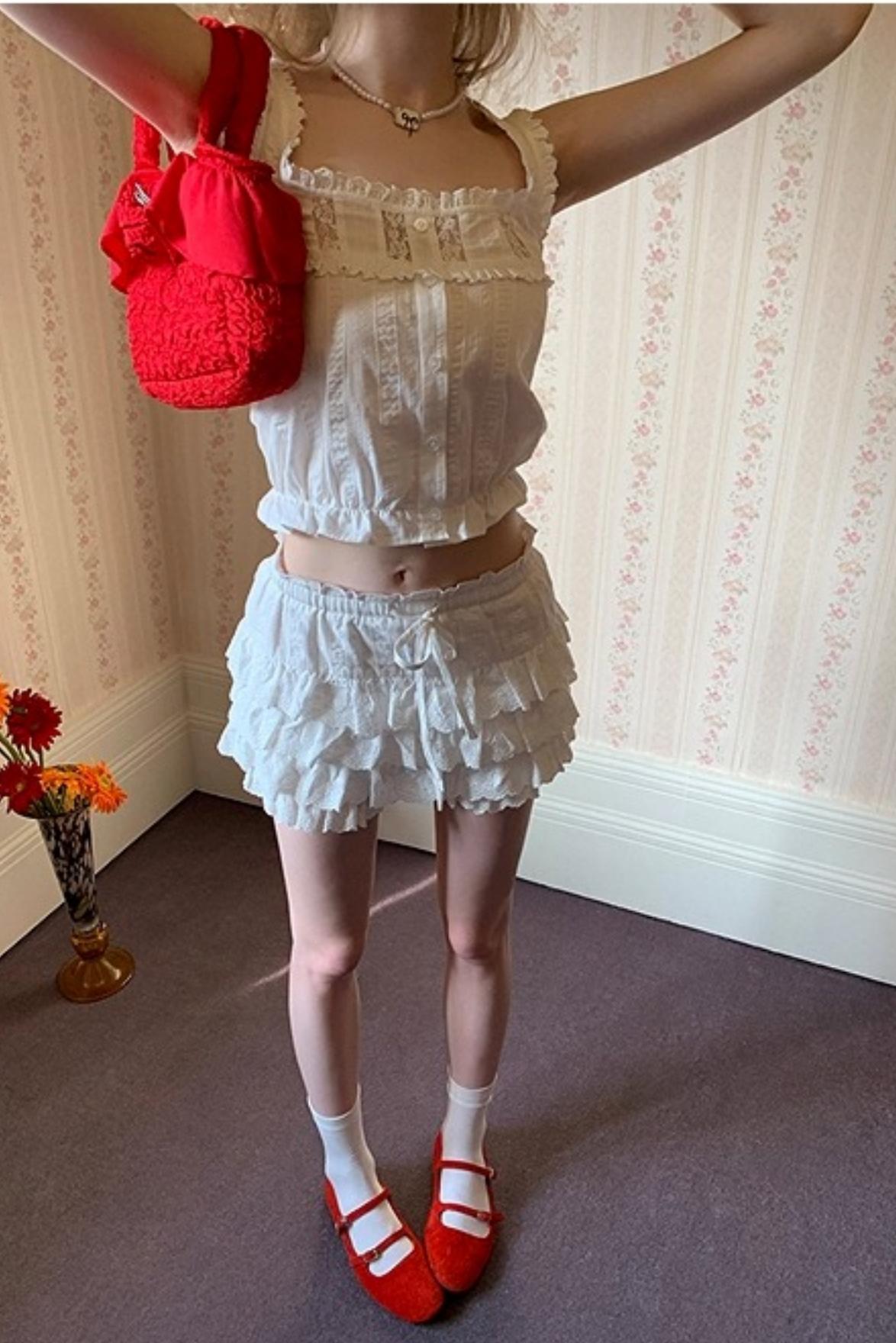 Square-Neck Vest Cropped A-Line Puffed Skirt Set-Up