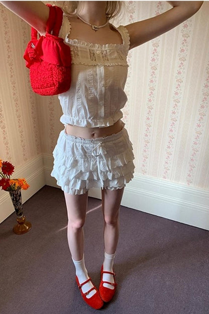 Square-Neck Vest Cropped A-Line Puffed Skirt Set-Up