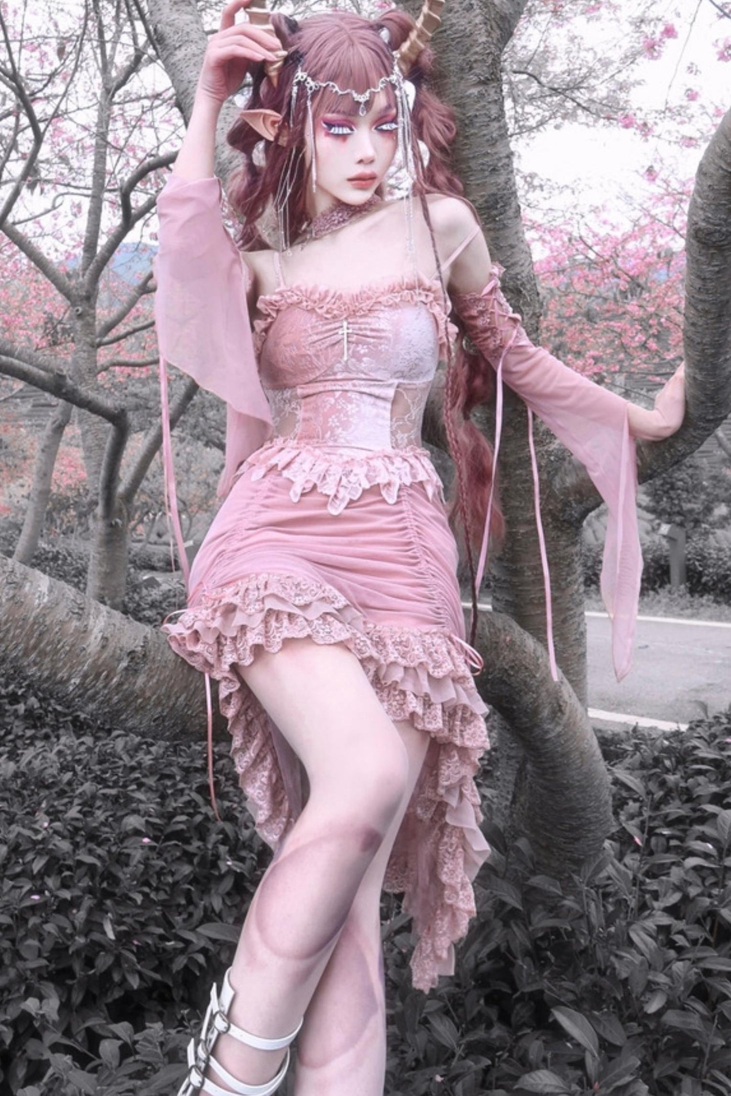 Gothic Velvet Pink Lace Slip Dress