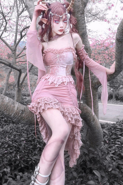 Gothic Velvet Pink Lace Slip Dress