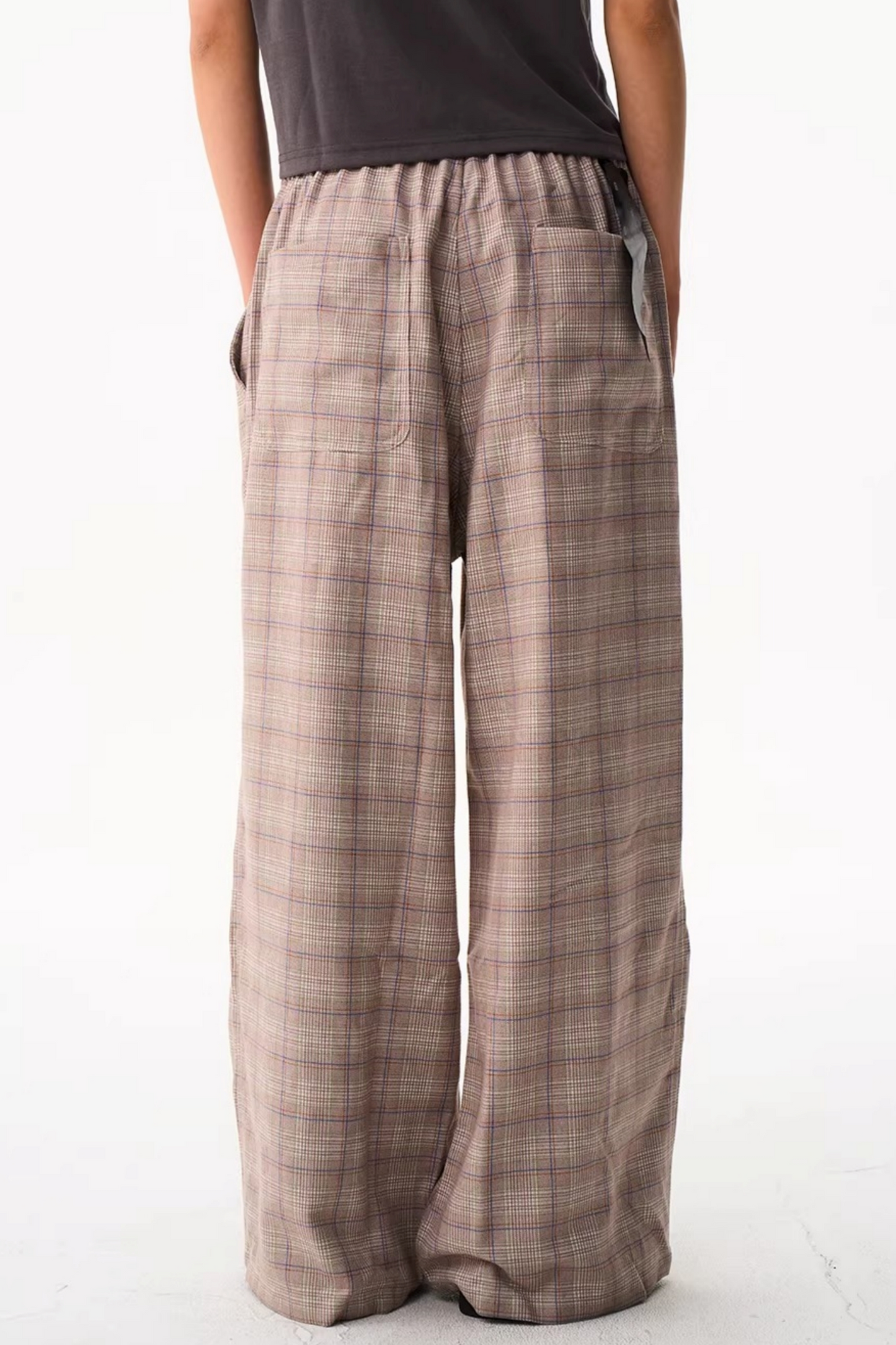 Blue Plaid Wide-Leg Pants