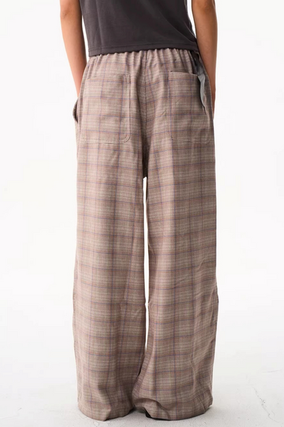 Blue Plaid Wide-Leg Pants