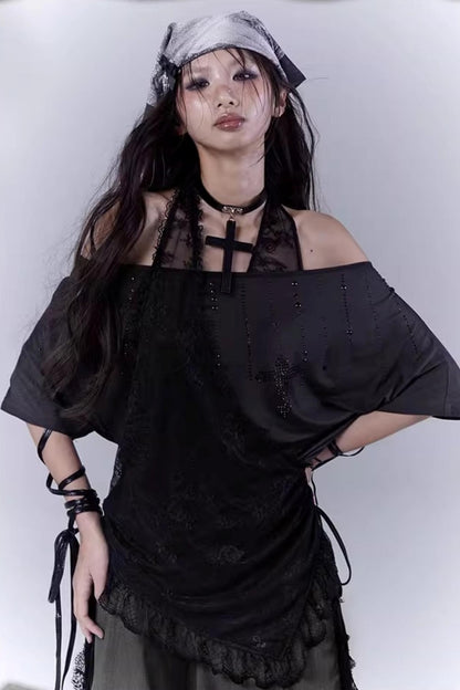 Black Lace-Trimmed Tee