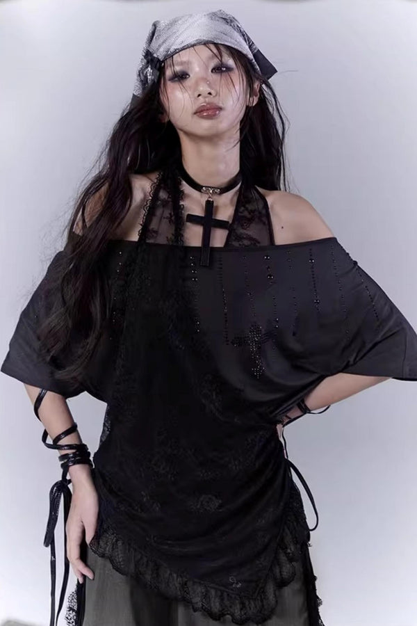 Black Lace-Trimmed Tee